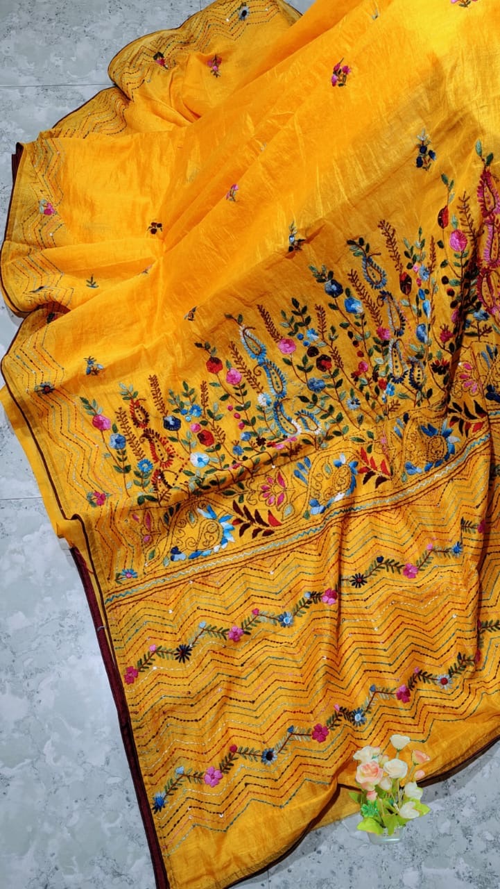 SAMVITA Yellow Kantha Stitch Cotton Silk Saree – Hand-Embroidered Elegance in Every Thread