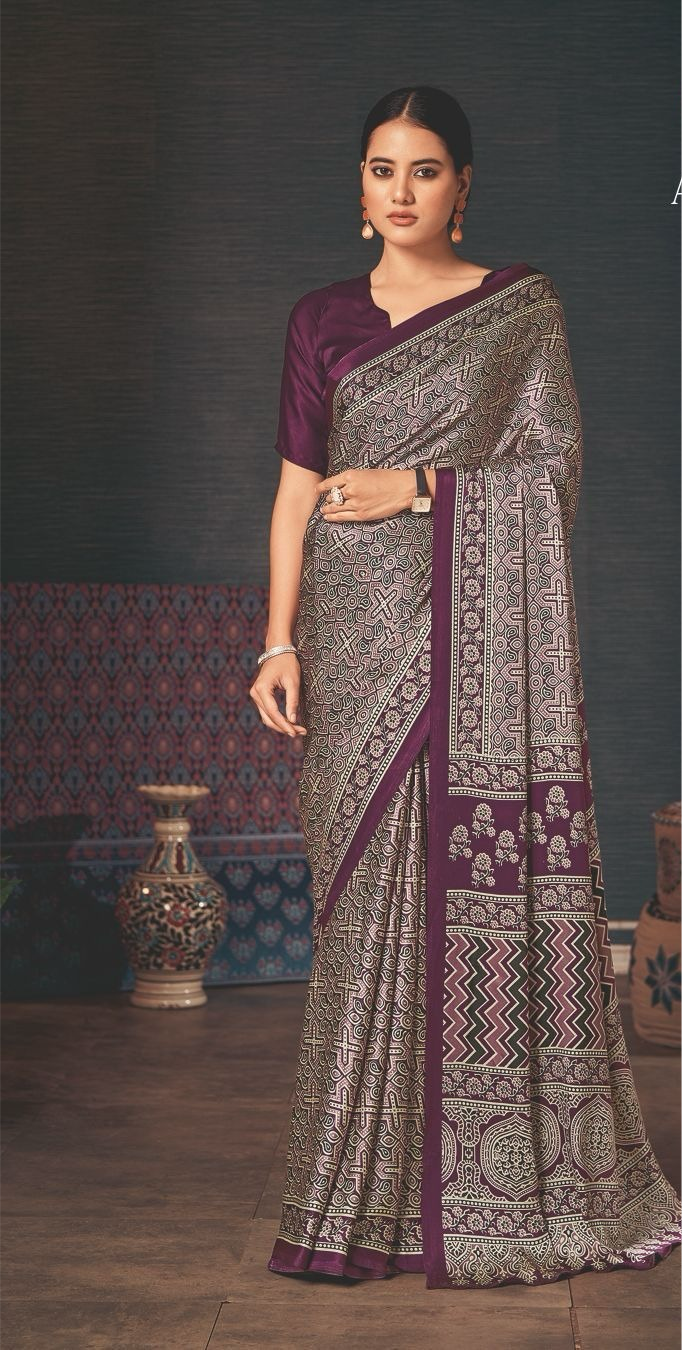 Magenta Modal Silk Saree with Ajrakh Prints – Heritage in Fluid Silk