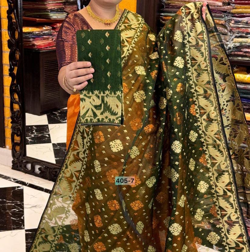 SAMVITA Dark Green Bengal Handloom Resham Jamdani Saree with Blouse Piece – A Masterpiece of Grace & Craft