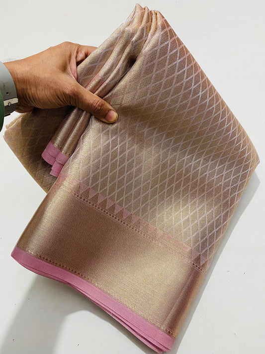 SAMVITA Cream and Pink Tissue Silk Saree with Blouse Piece – Grace in Every Glimmer
