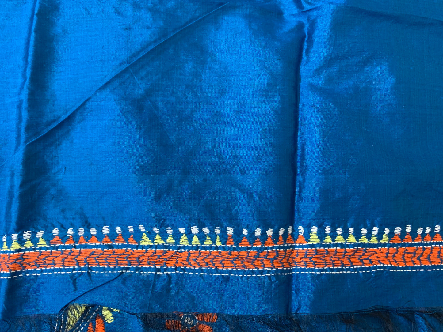 Blue Pure Tussar Silk Kurti Fabric in Kantha Stitch Embroidery