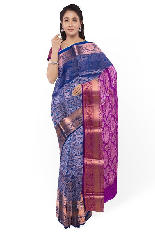 Blue Silk Brocade Saree - Samvita
