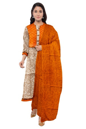 Cream Cotton Salwar Suit Fabric with Embroidered Neck Pattern and Bandhani Dupatta