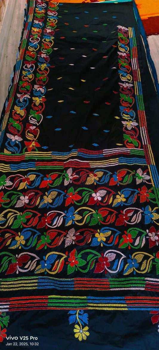 SAMVITA Black Kantha Stitch Silk Saree – Hand-Embroidered Elegance in Every Thread