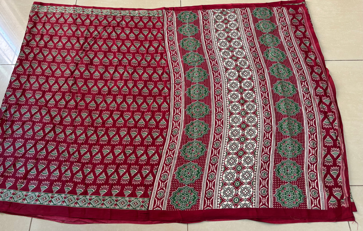 Red Modal Silk Saree with Ajrakh Prints – Heritage in Fluid Silk