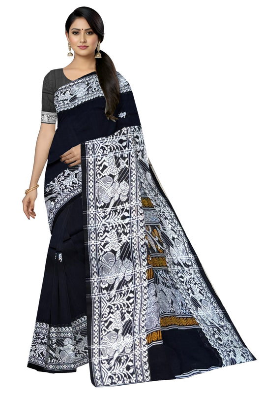 SAMVITA Black Handloom Cotton Saree - Pure Cotton Elegance With All Over Woven Design