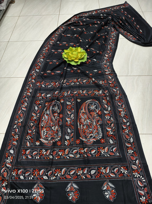 SAMVITA Black Kantha Stitch Silk Saree – Hand-Embroidered Elegance in Every Thread