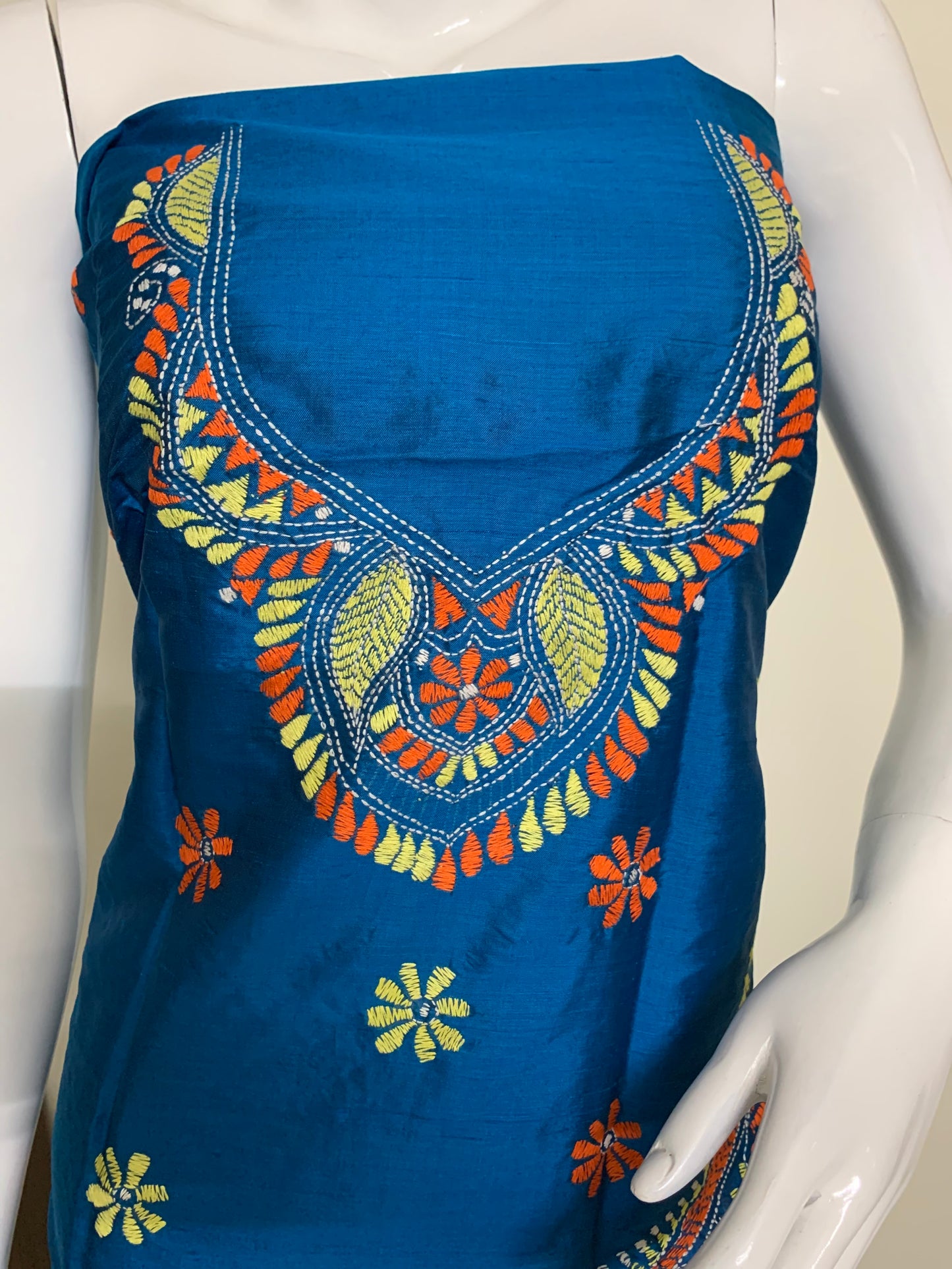 Blue Pure Tussar Silk Kurti Fabric in Kantha Stitch Embroidery