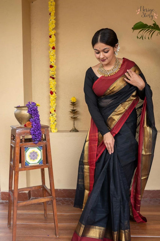 Black Cotton Soft Handloom Saree with Blouse Piece – Classic Comfort, Woven by Hand