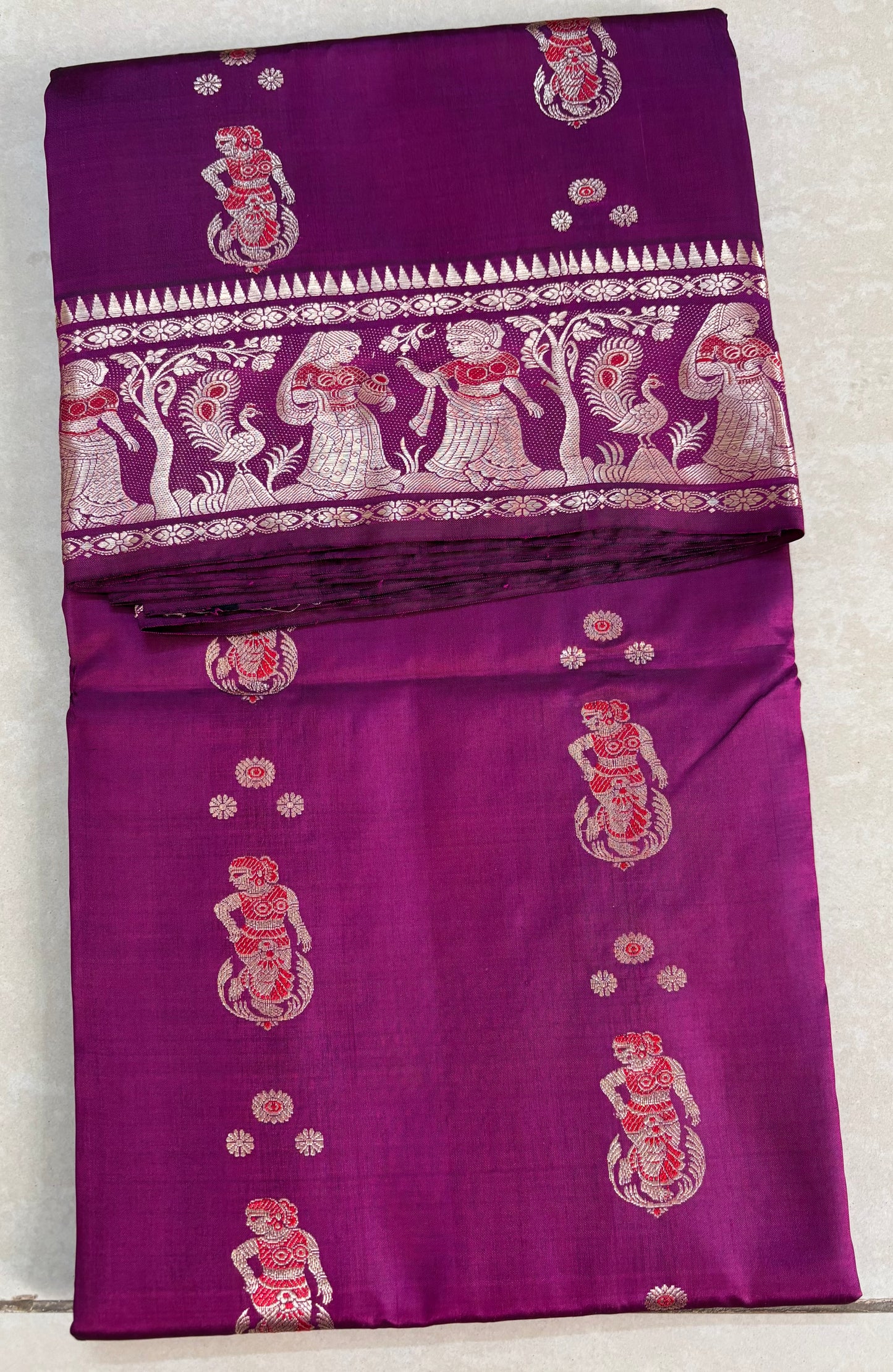 Magenta Pure Silk Kataan Baluchari Saree – A Heritage Weave in Regal Silk