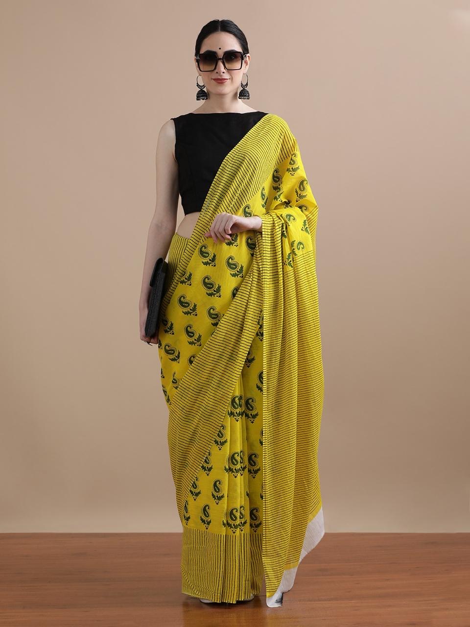 Yellow Cotton Mulmul Saree with Blouse Piece