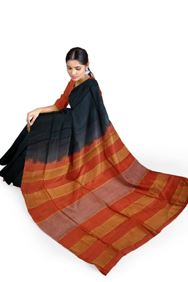 Black Cotton Silk Bengal Handloom Saree - Samvita