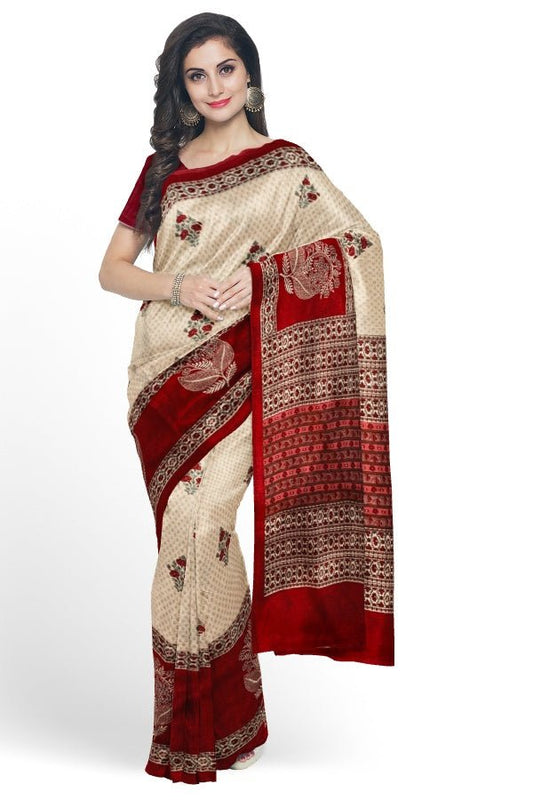 Cream Printed Silk Saree with Cut - work Embroidery - Samvita