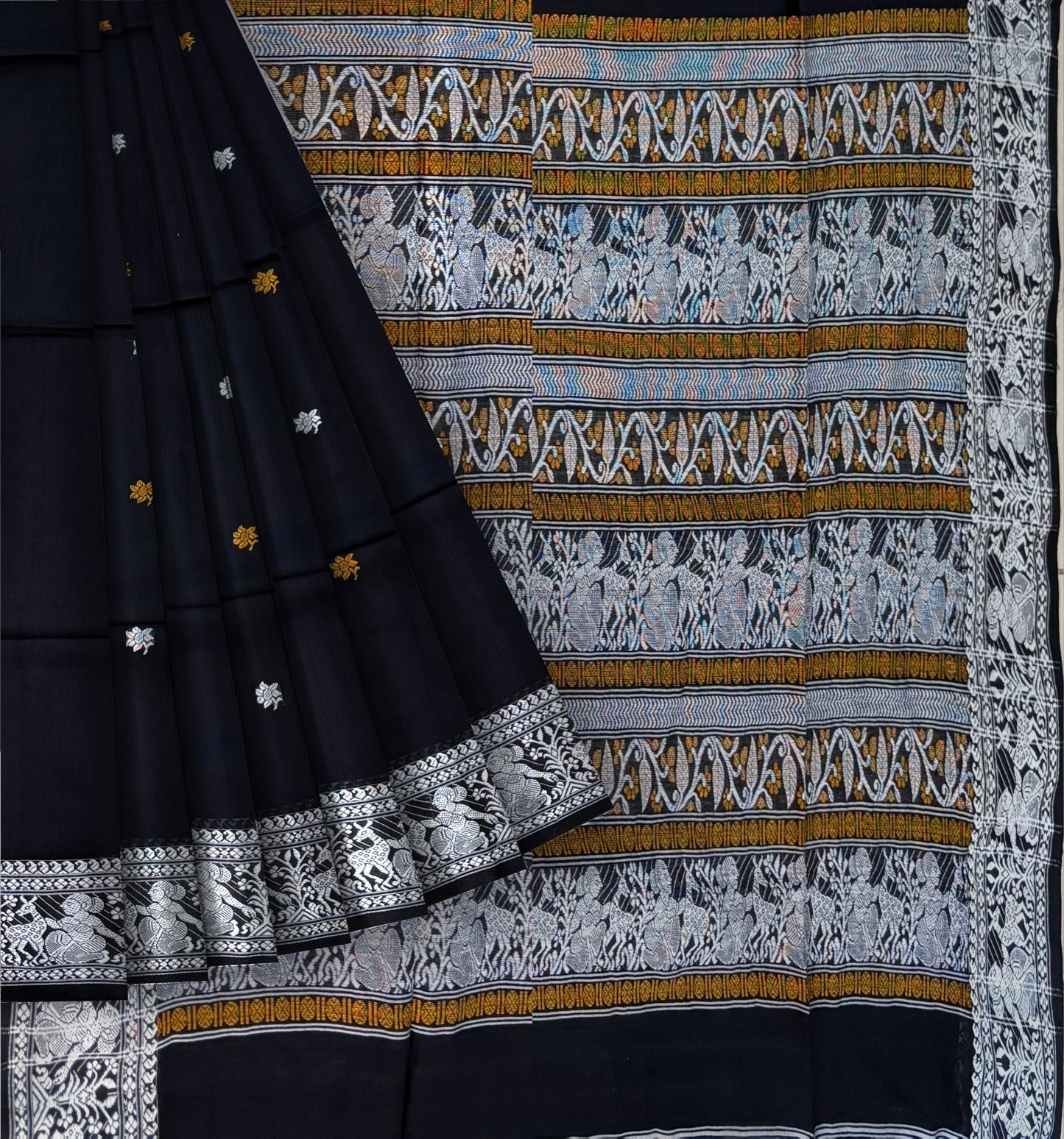 SAMVITA Black Handloom Cotton Saree - Pure Cotton Elegance With All Over Woven Design