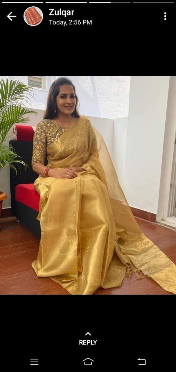 SAMVITA Golden Yellow Tissue Silk Saree with Blouse Piece – Sheer Elegance in Every Drape