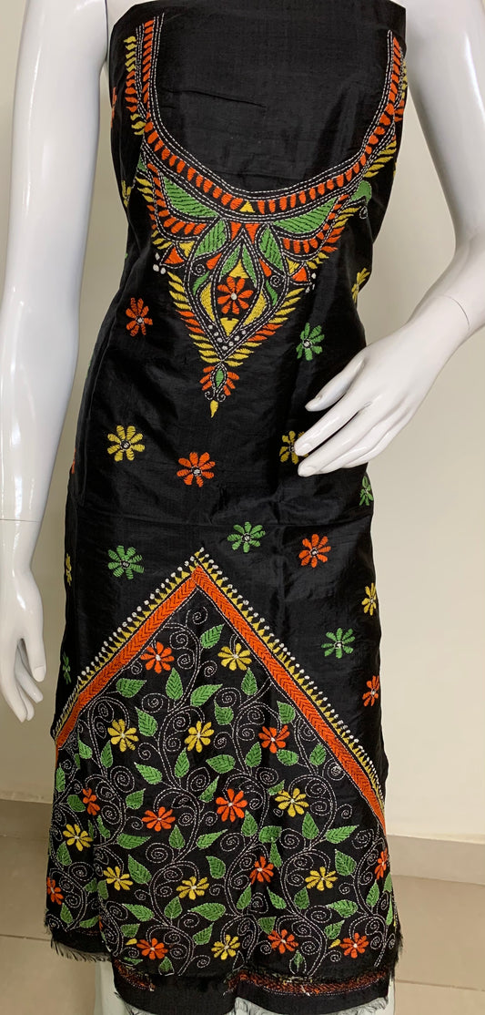 Black Pure Tussar Silk Kurti Fabric in Kantha Stitch Embroidery