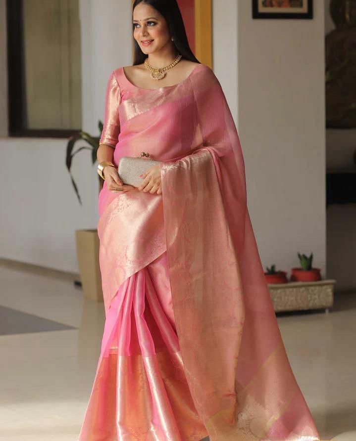 SAMVITA Pink Tissue Silk Saree with Blouse Piece – Sheer Elegance in Every Drape