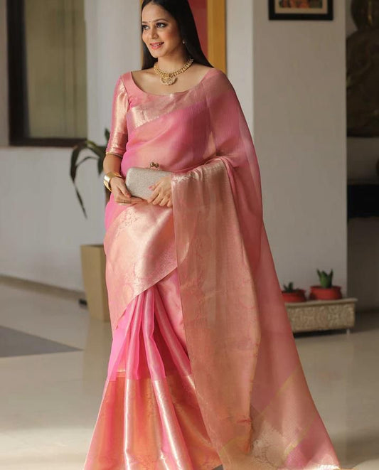 SAMVITA Pink Tissue Silk Saree with Blouse Piece – Sheer Elegance in Every Drape