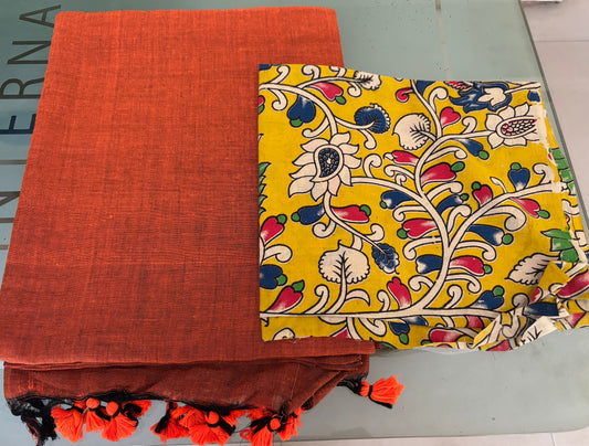 Orange Cotton Handloom Saree with Designer Blouse Piece