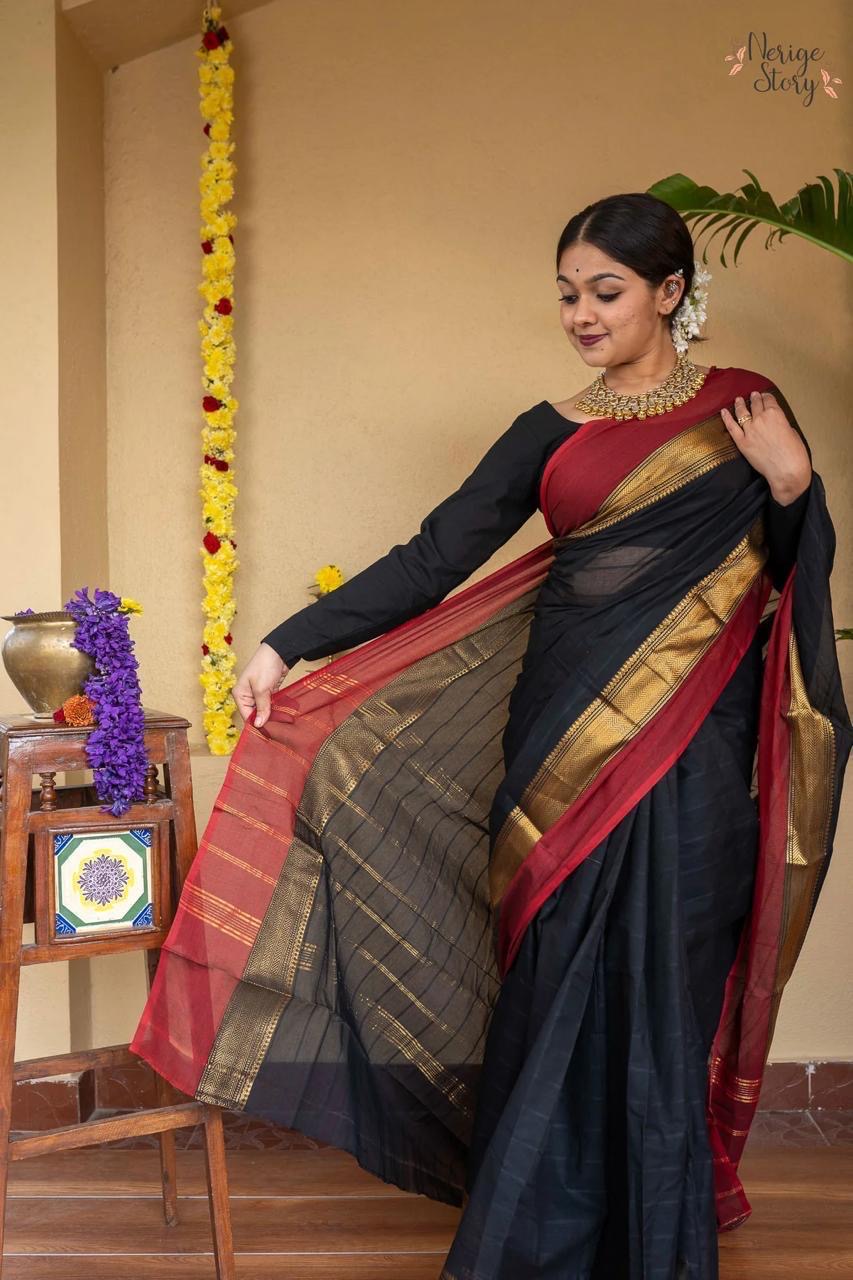 Black Cotton Soft Handloom Saree with Blouse Piece – Classic Comfort, Woven by Hand