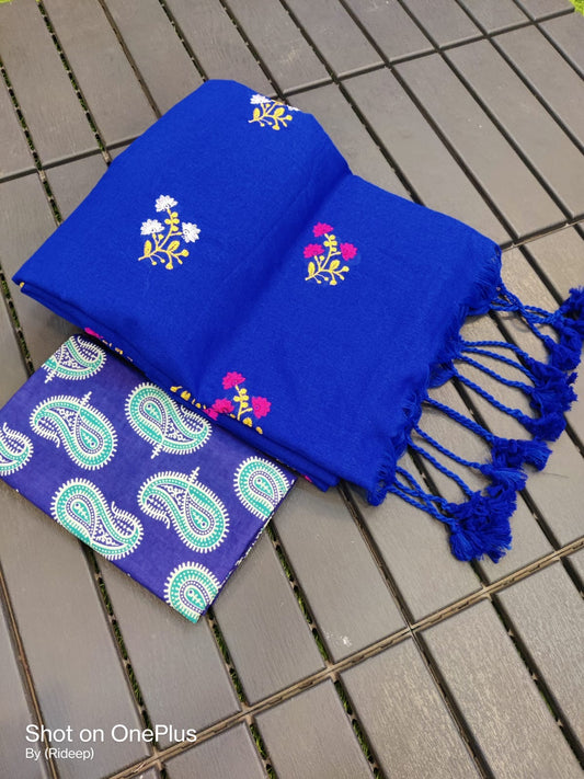 Blue Cotton Handloom Saree in Floral Pattern with Designer Blouse Piece
