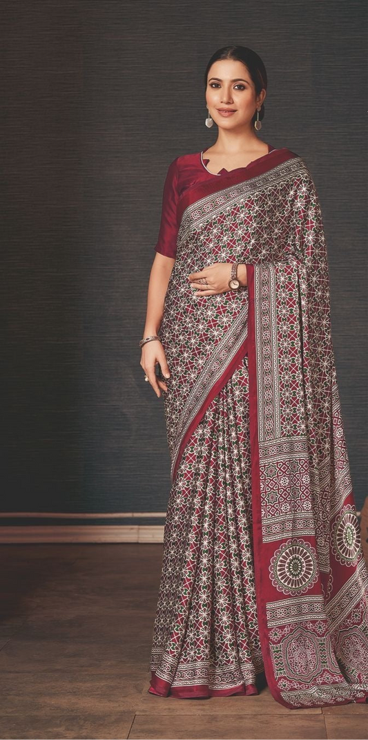 Red Modal Silk Saree with Ajrakh Prints – Heritage in Fluid Silk