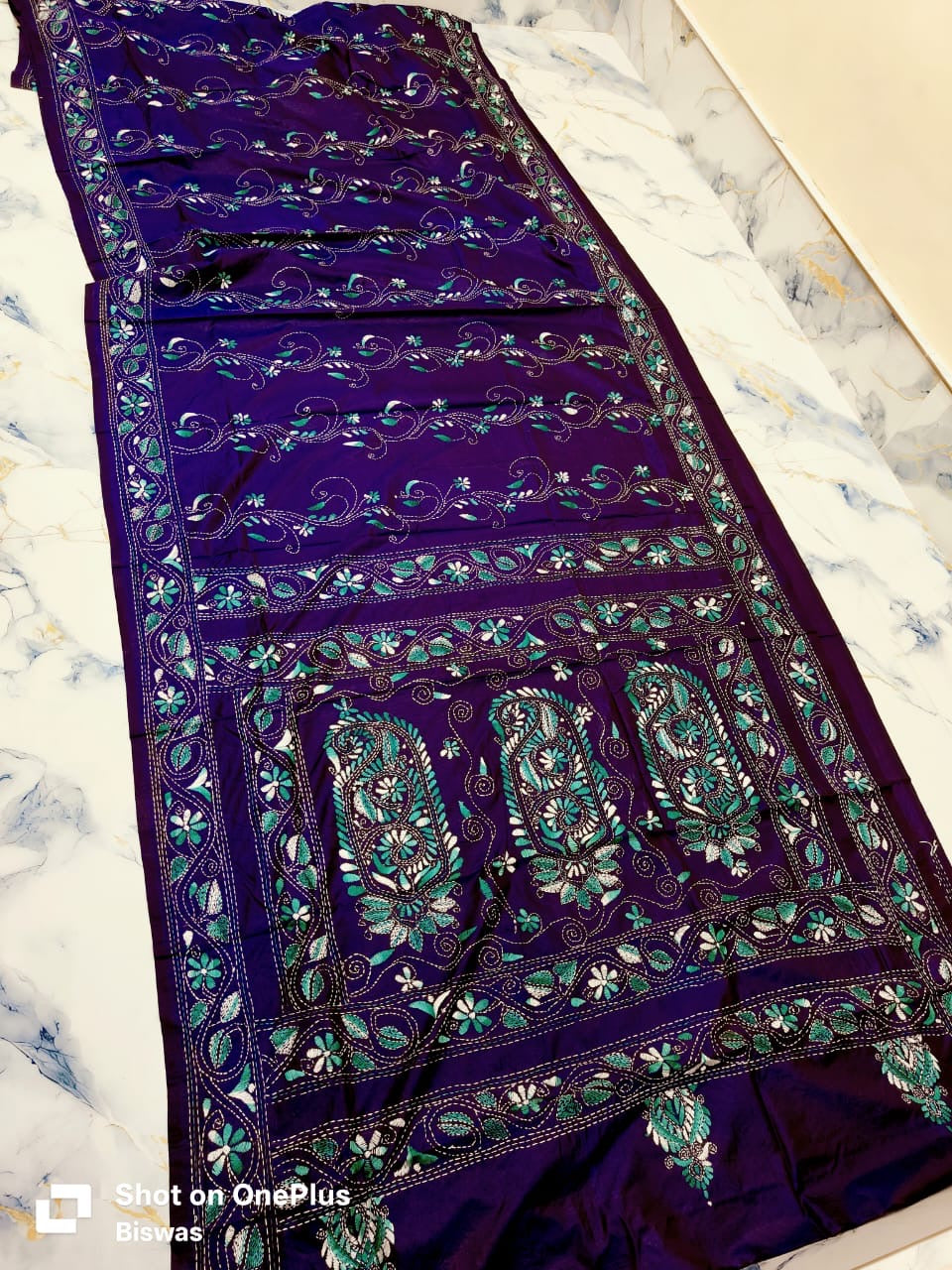 SAMVITA Blue Kantha Stitch Silk Saree – Hand-Embroidered Elegance in Every Thread