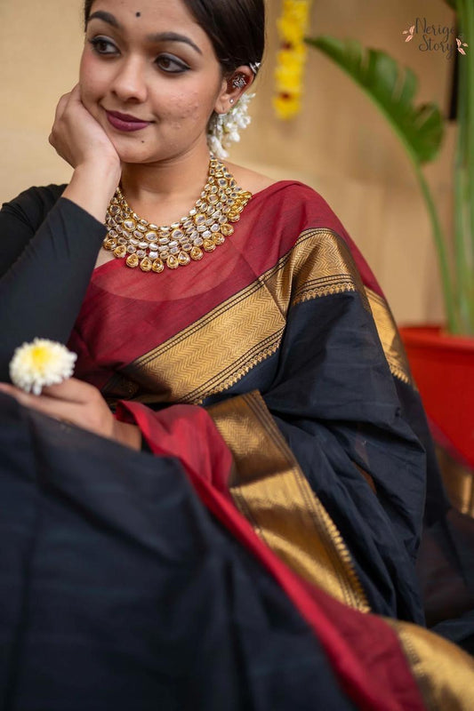 Black Cotton Soft Handloom Saree with Blouse Piece – Classic Comfort, Woven by Hand
