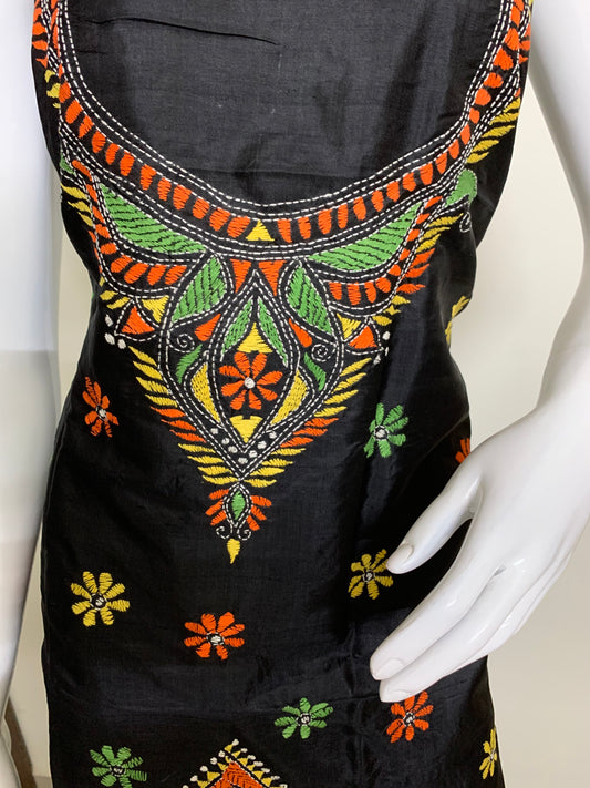 Black Pure Tussar Silk Kurti Fabric in Kantha Stitch Embroidery