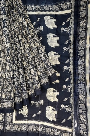 Sustainable Black Silk Saree | Handwoven Banana Stem Fiber | Samvita
