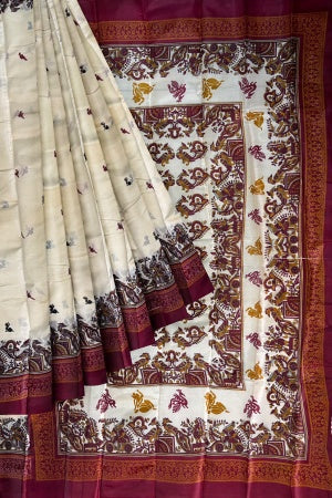 Sustainable Cream Silk Saree | Handwoven Banana Stem Fiber | Samvita
