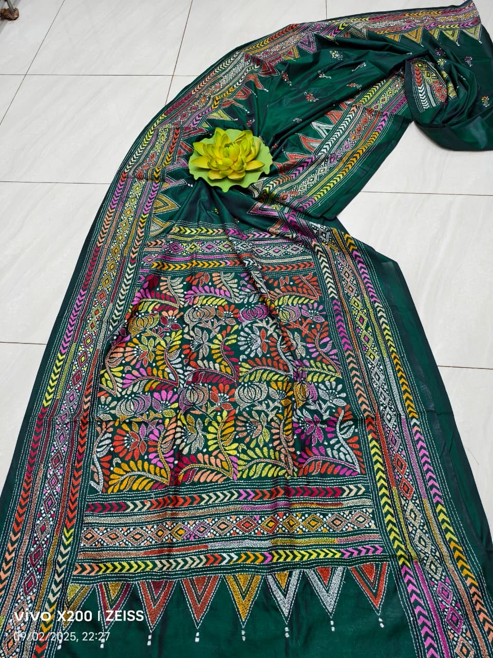 SAMVITA Green Kantha Stitch Silk Saree – Hand-Embroidered Elegance in Every Thread