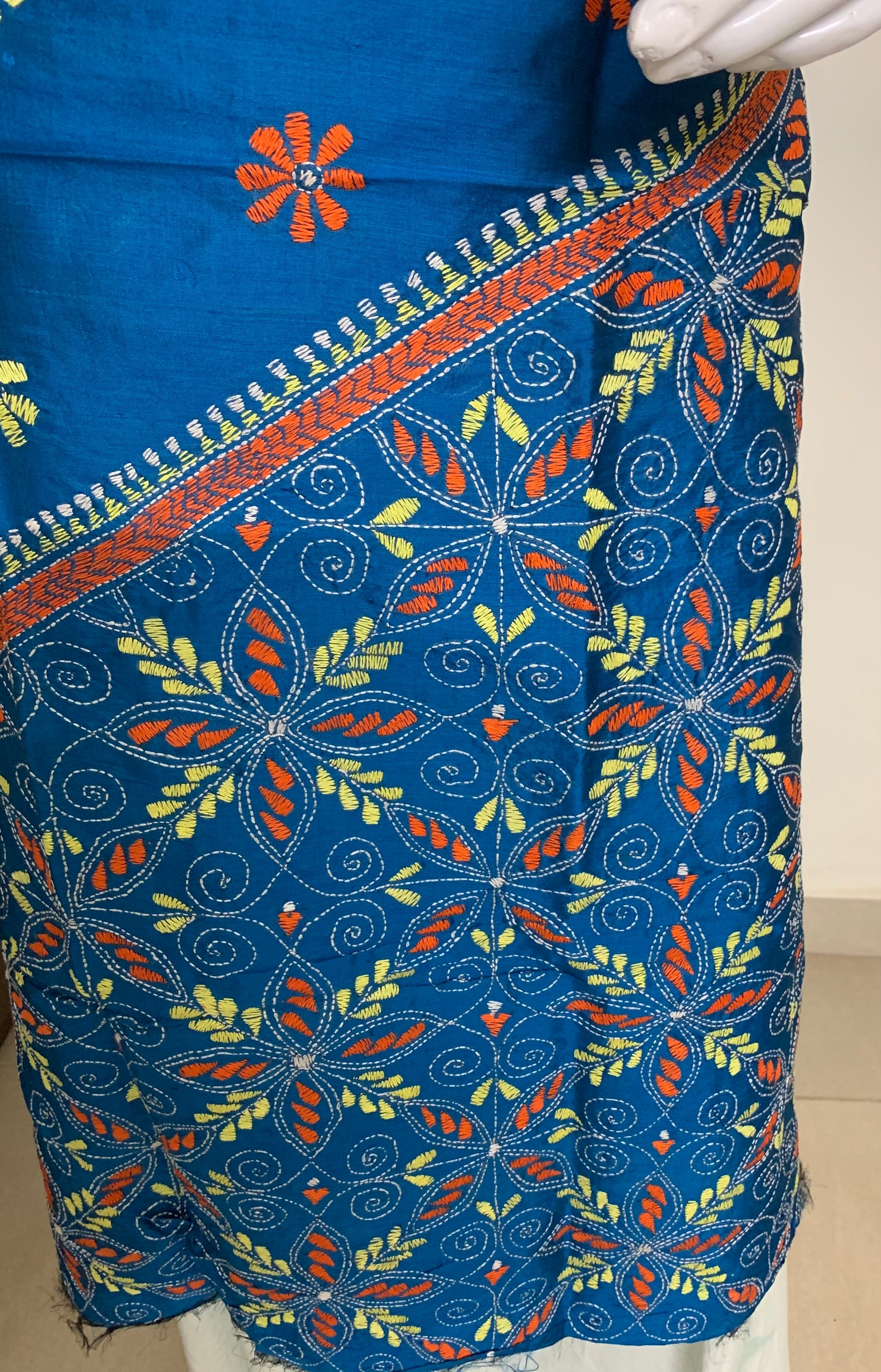 Blue Pure Tussar Silk Kurti Fabric in Kantha Stitch Embroidery