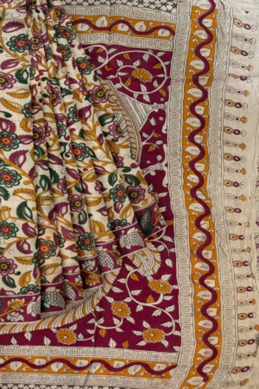 Cream Printed Cotton Kalamkari Saree with Blouse Piece – Handcrafted Elegance in Every Thread