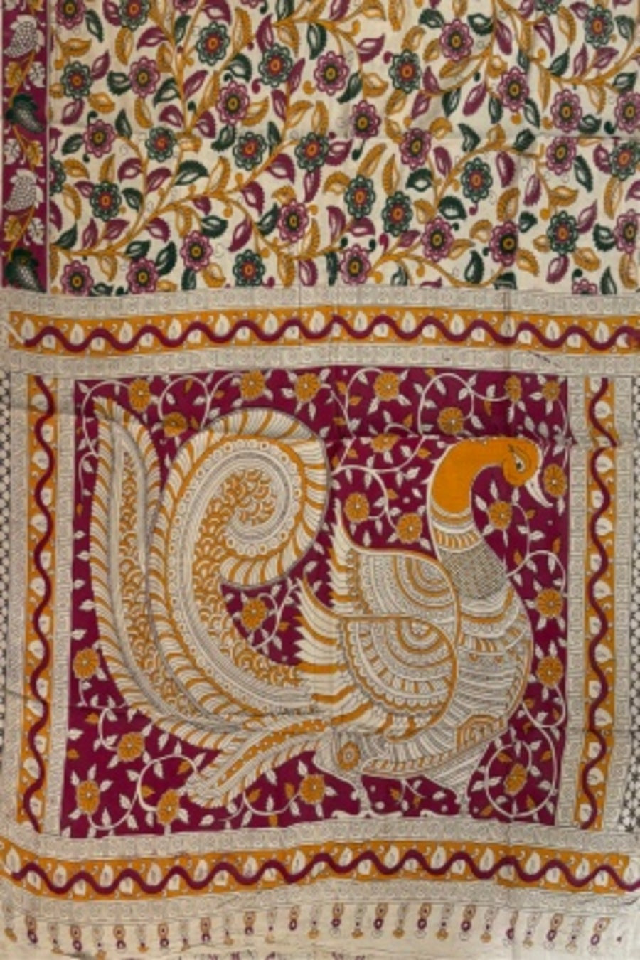 Cream Printed Cotton Kalamkari Saree with Blouse Piece – Handcrafted Elegance in Every Thread