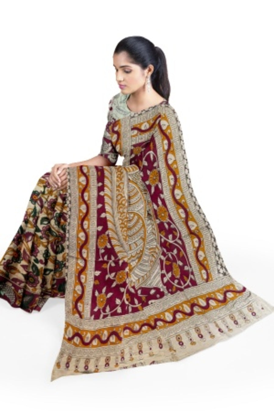 Cream Printed Cotton Kalamkari Saree with Blouse Piece – Handcrafted Elegance in Every Thread