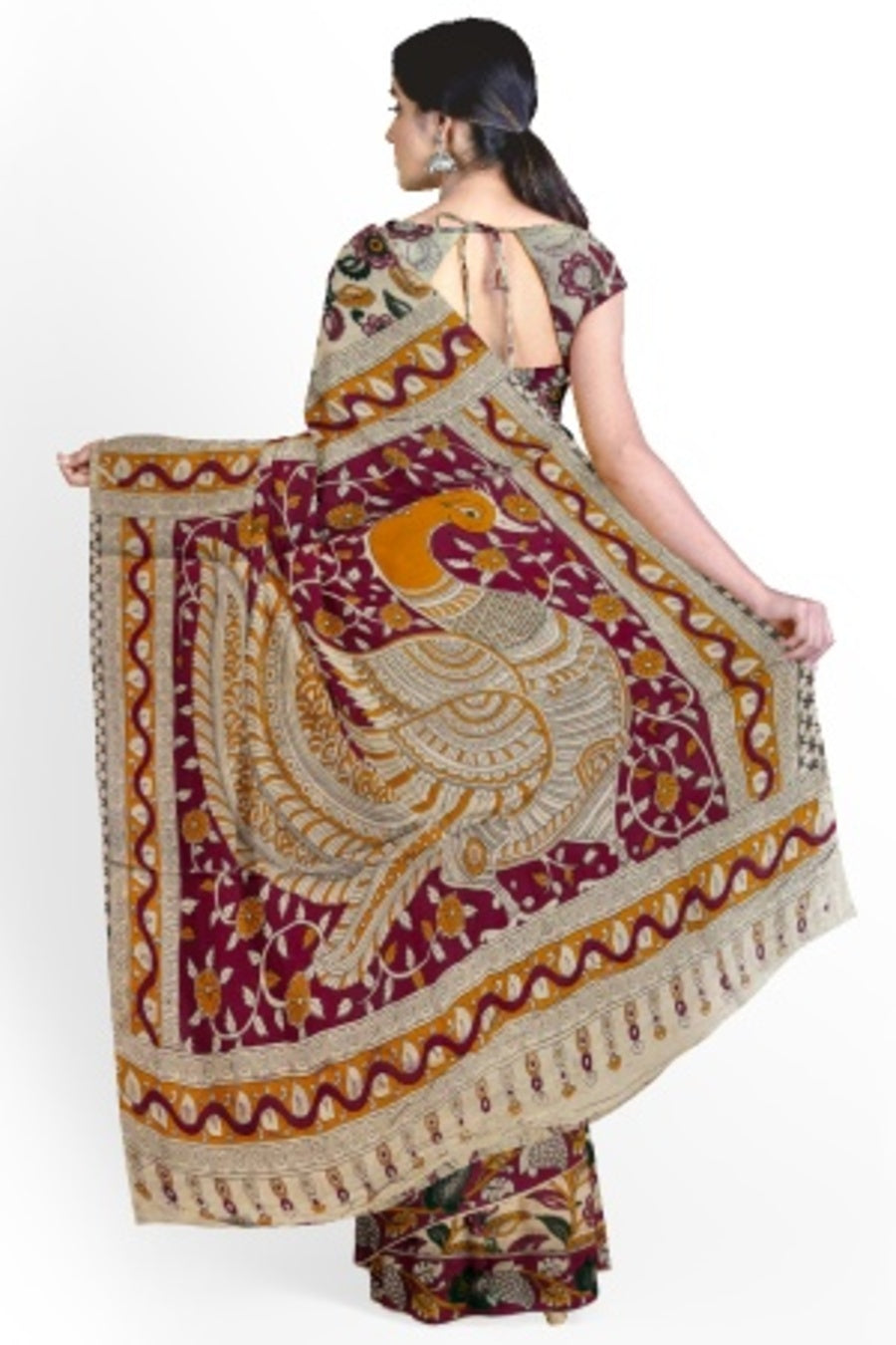 Cream Printed Cotton Kalamkari Saree with Blouse Piece – Handcrafted Elegance in Every Thread