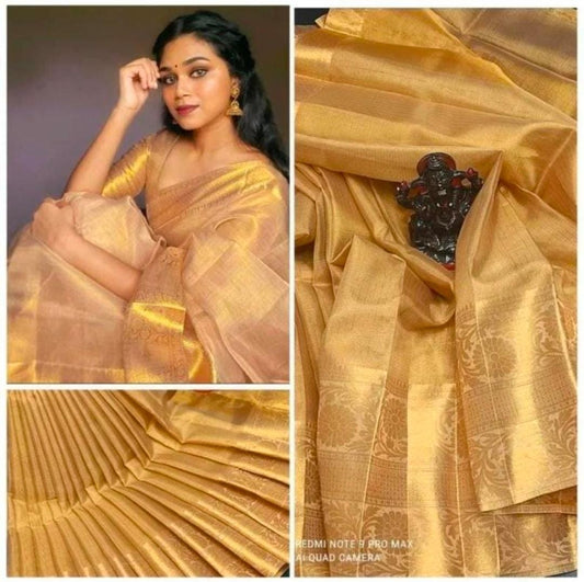 SAMVITA Golden Yellow Tissue Silk Saree with Blouse Piece – Sheer Elegance in Every Drape