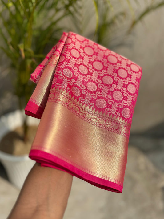SAMVITA Pink Tissue Silk Saree with Blouse Piece – Shimmering Elegance in Every Fold