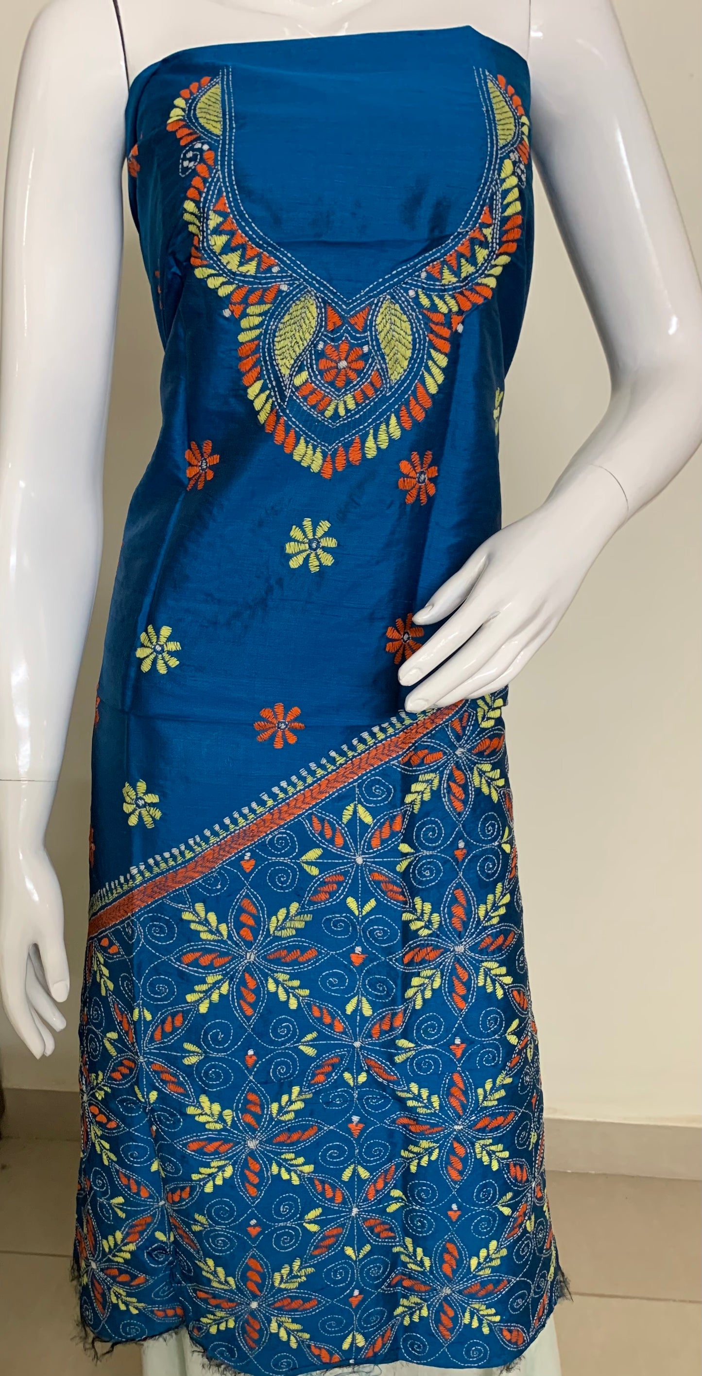 Blue Pure Tussar Silk Kurti Fabric in Kantha Stitch Embroidery