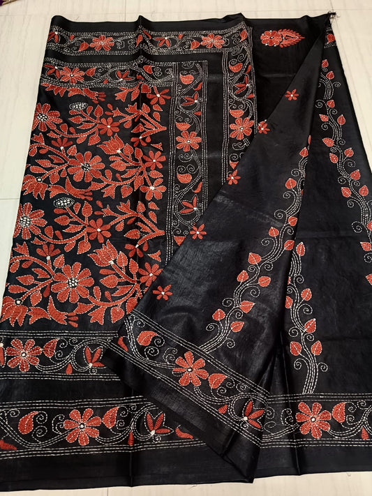 SAMVITA Black Kantha Stitch Silk Saree – Hand-Embroidered Elegance in Every Thread