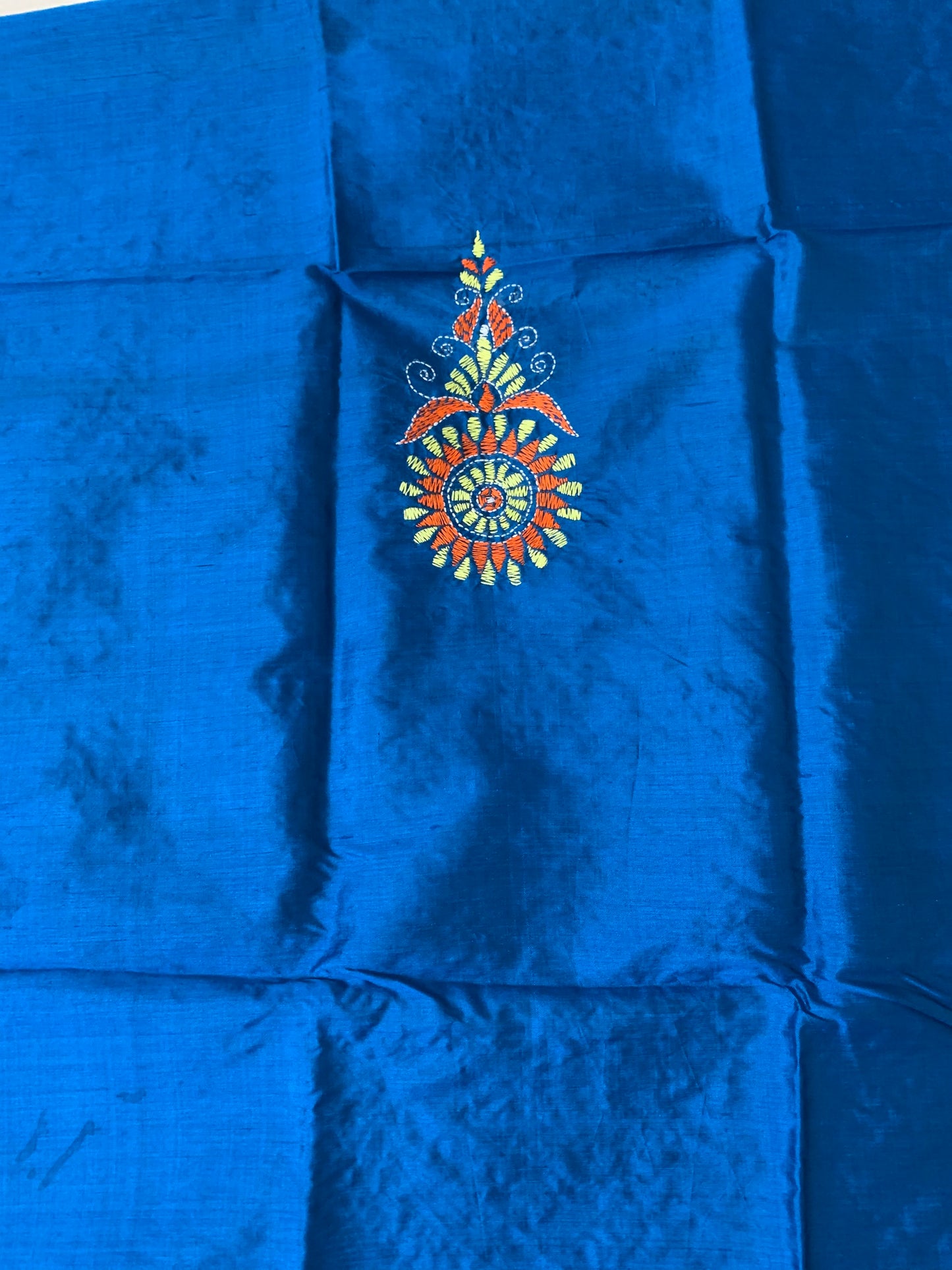 Blue Pure Tussar Silk Kurti Fabric in Kantha Stitch Embroidery