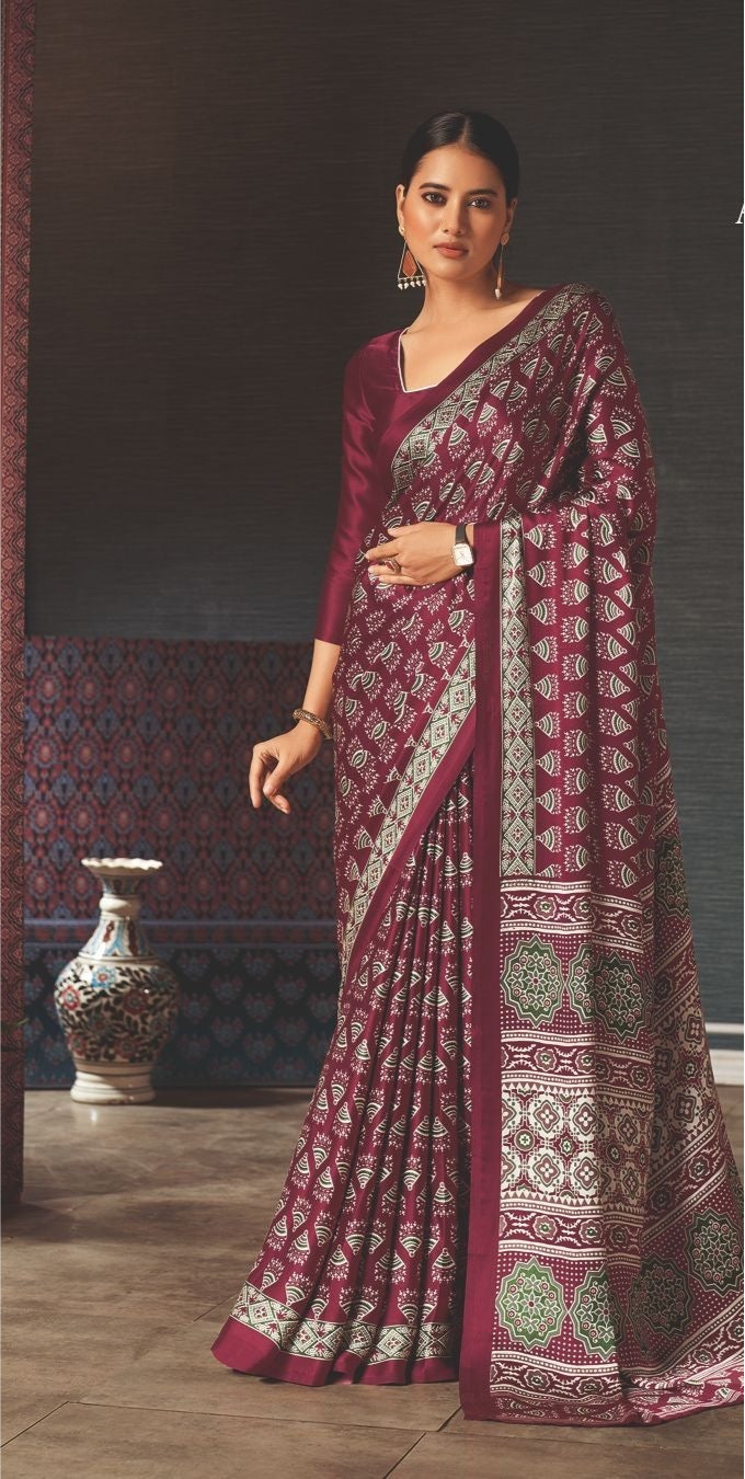 Red Modal Silk Saree with Ajrakh Prints – Heritage in Fluid Silk