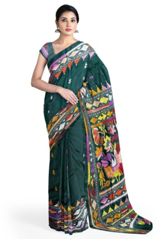 SAMVITA Green Kantha Stitch Silk Saree – Hand-Embroidered Elegance in Every Thread