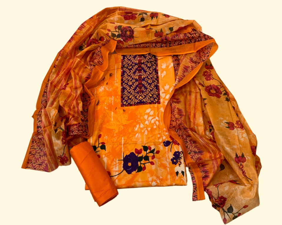 Orange Pure Cotton Printed Salwar Suit Fabric – Breathable Elegance in Soothing Hues