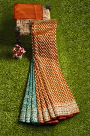 SAMVITA Orange and Teal Wedding Wear Silk Saree with Blouse Piece – Shimmering Elegance in Every Fold