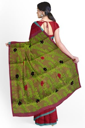 SAMVITA Red Embroidered Handloom Saree With Jamdani Pallu