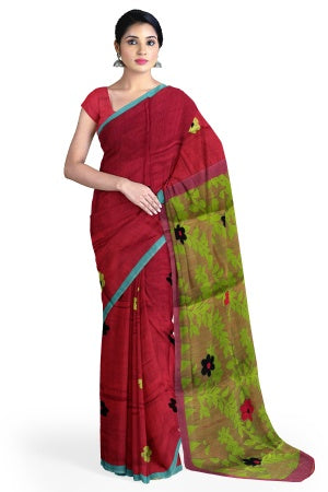 SAMVITA Red Embroidered Handloom Saree With Jamdani Pallu