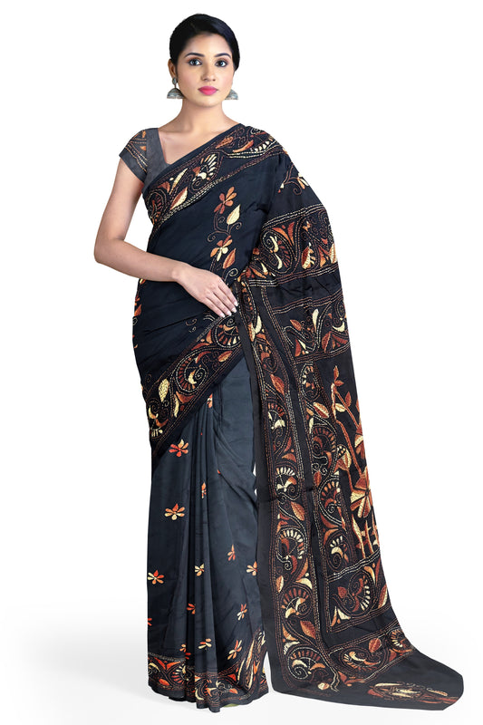 SAMVITA Black Kantha Stitch Silk Saree – Hand-Embroidered Elegance in Every Thread