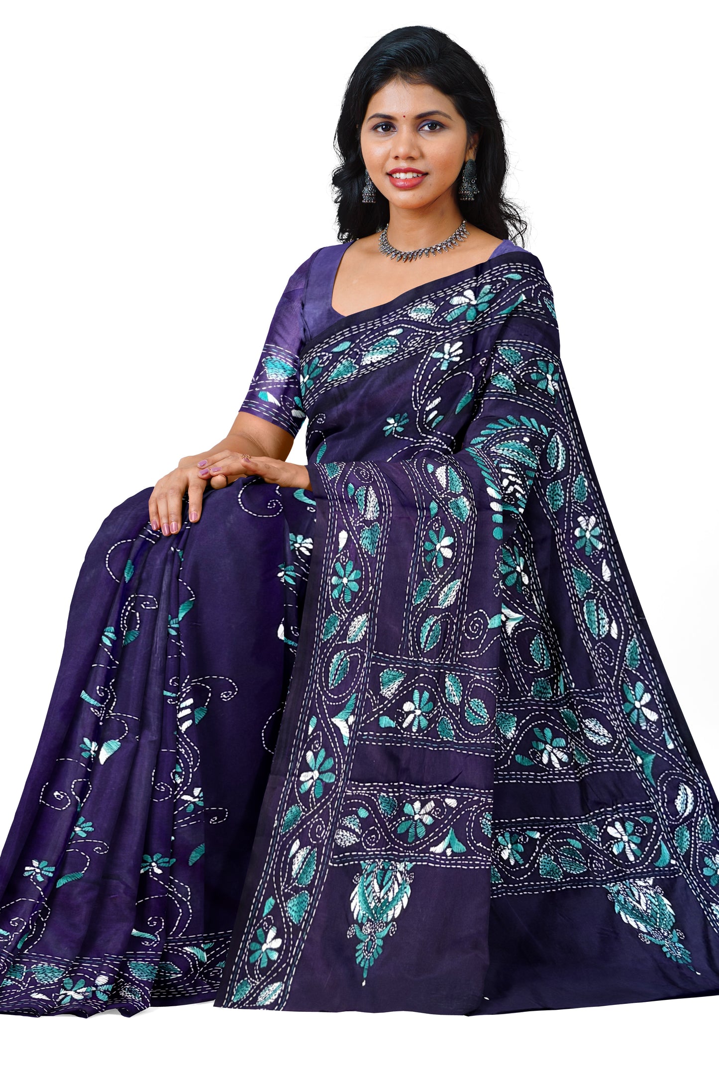 SAMVITA Blue Kantha Stitch Silk Saree – Hand-Embroidered Elegance in Every Thread